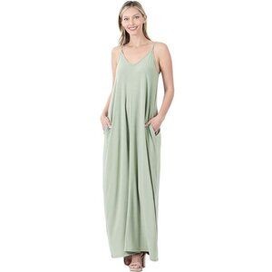 Zenana V-Neck CAMI Maxi Dress with Side Pockets and Adjustable Straps-Sage